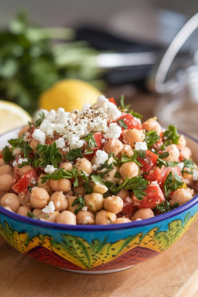 Chickpea salad with lemon, parsley, and tomatoes in a colorful bowl.