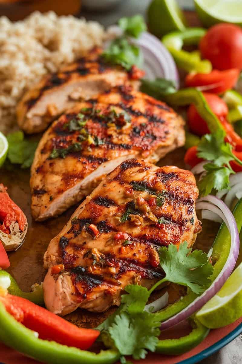 Grilled chicken breasts garnished with cilantro and served with colorful vegetables