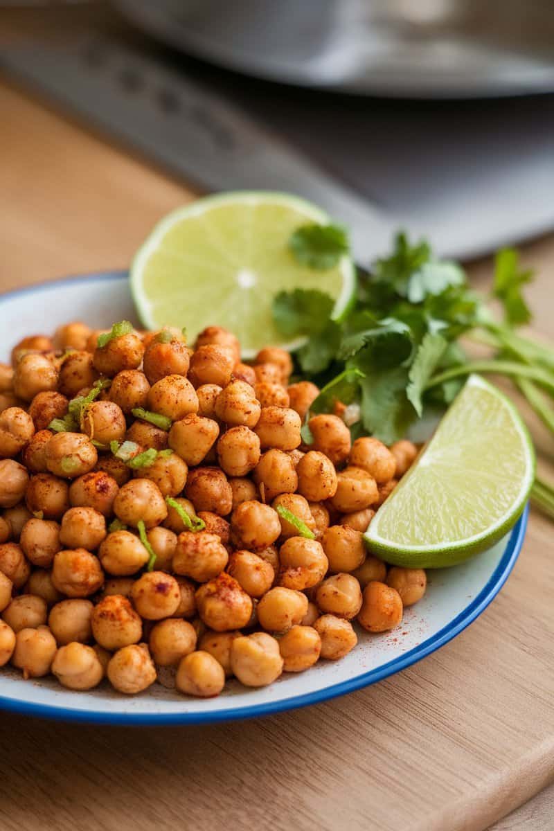 Plate of chili lime roasted chickpeas with lime wedges and cilantro.