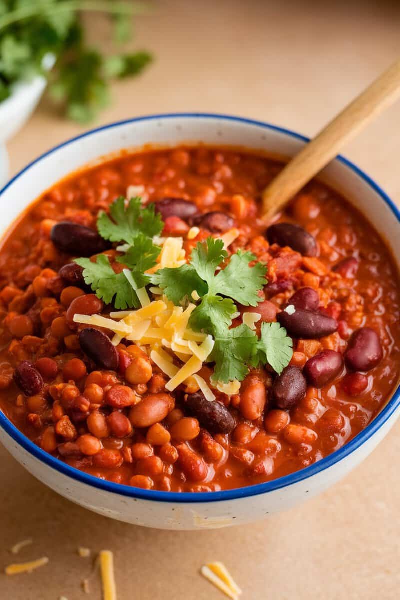 A hearty bowl of chili with kidney beans and lentils topped with cheese and cilantro.