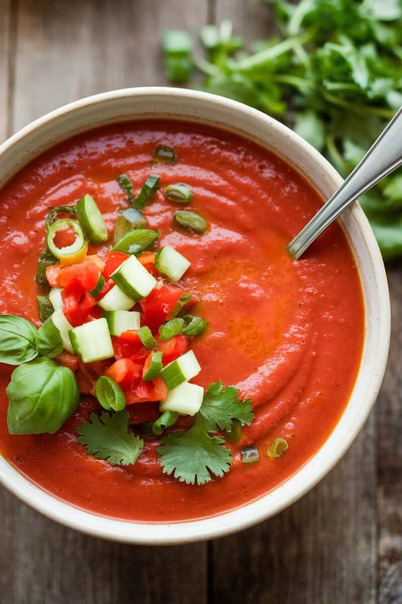 A bowl of chilled tomato gazpacho topped with diced vegetables and fresh herbs.