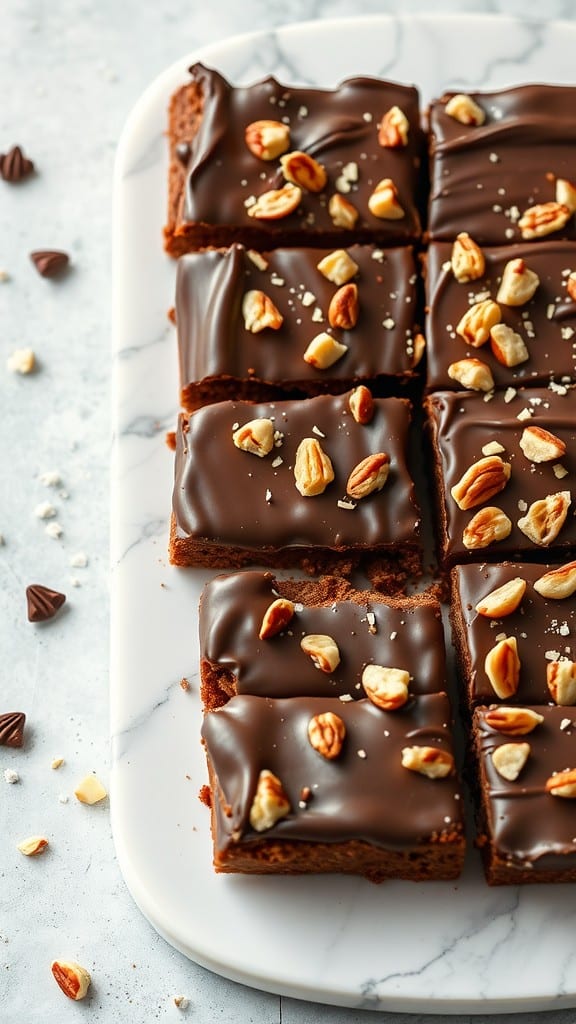 A plate of chocolate-dipped fruitcake bars topped with chopped nuts.