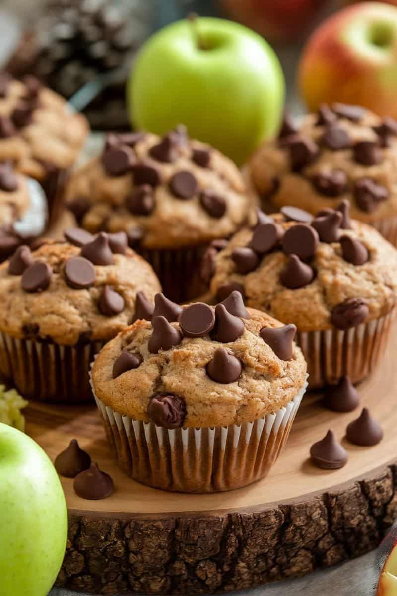 Delicious chocolate chip apple muffins with green apples