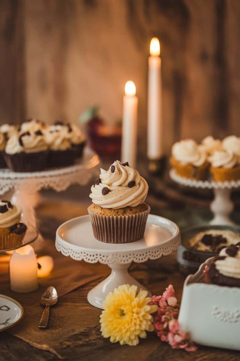 Chocolate Chip Cookie Dough Cupcakes displayed on a table with cookies and a teapot.