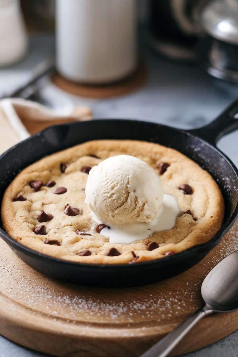 A chocolate chip cookie skillet topped with a scoop of ice cream.