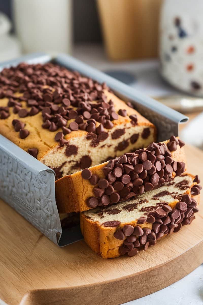 Delicious chocolate chip pound cake in a stone loaf pan with chocolate chips on top.