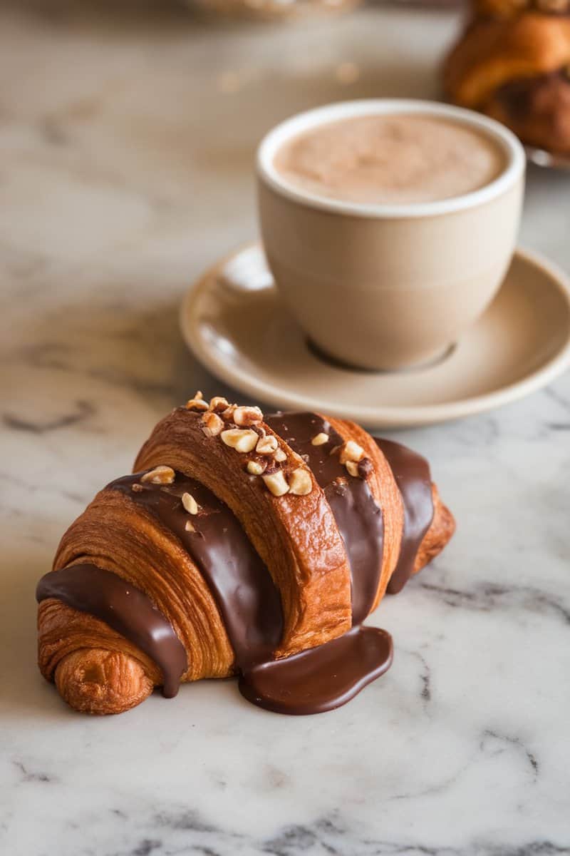 A delicious chocolate hazelnut croissant with a cup of coffee