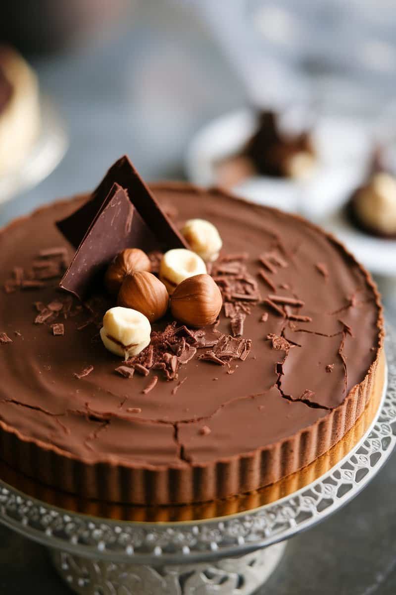 A beautifully decorated chocolate hazelnut tart topped with hazelnuts and chocolate shavings.