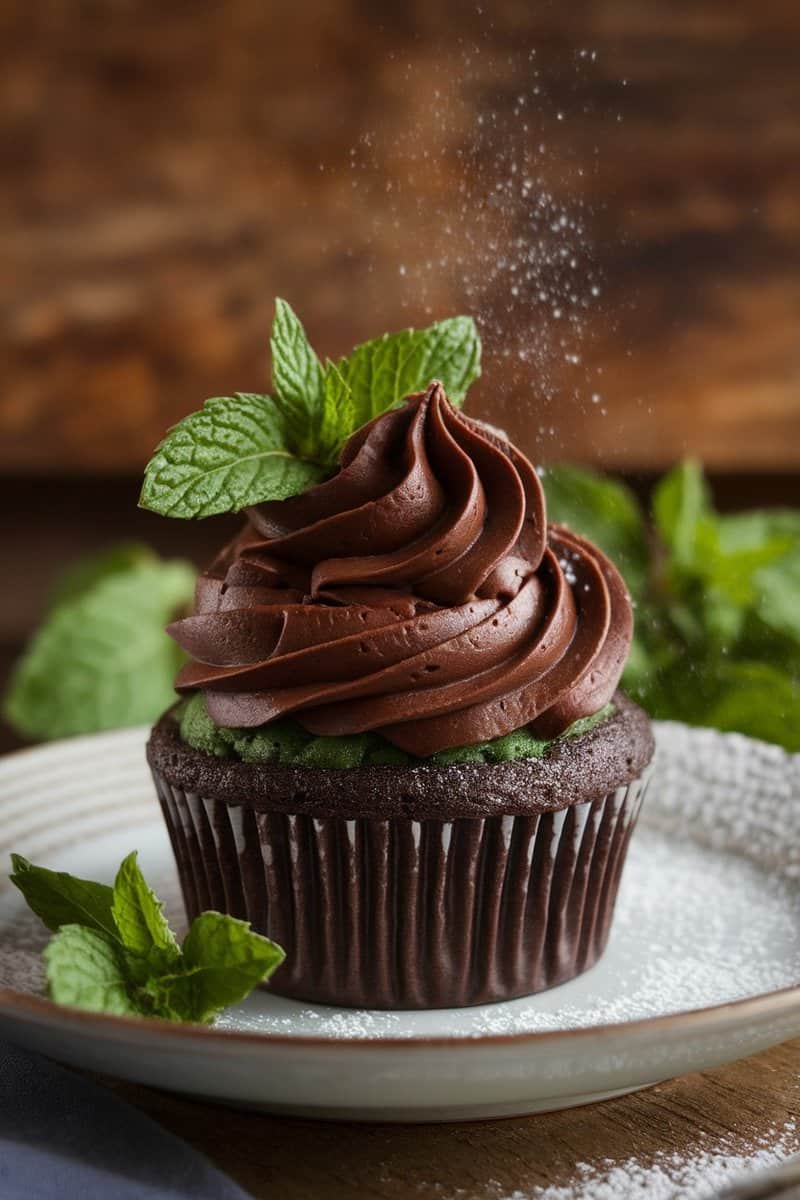 Chocolate mint cupcake topped with mint frosting and mint leaves.