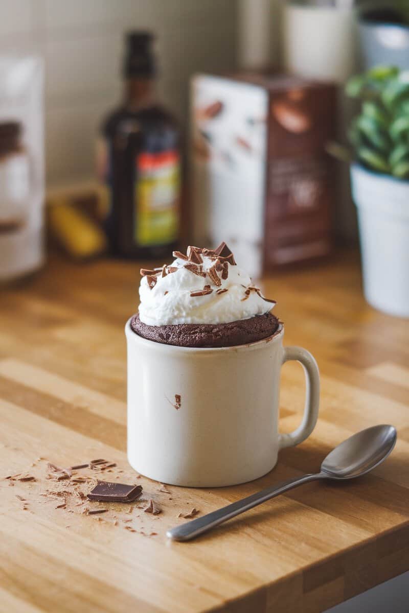 A chocolate mug cake topped with whipped cream and chocolate shavings in a white mug.