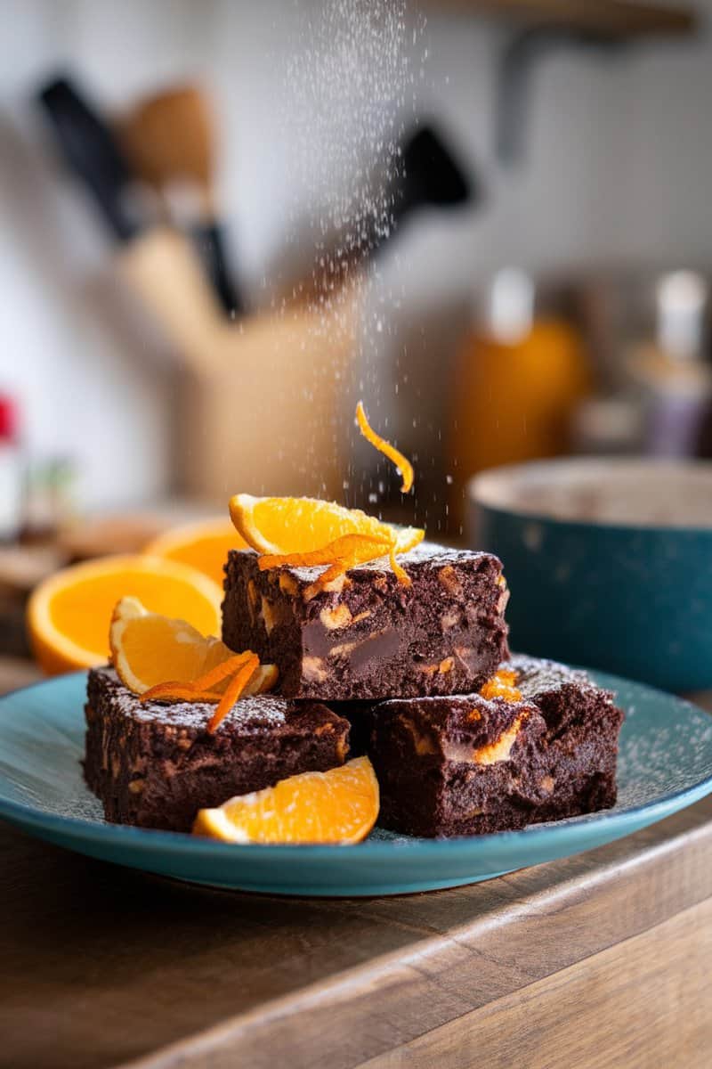 Delicious chocolate orange brownies topped with orange slices and zest on a white plate.