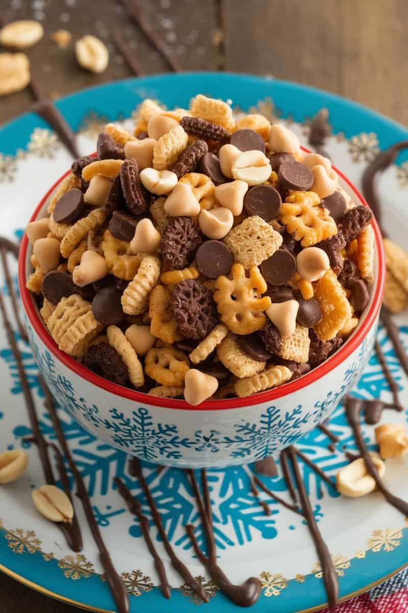 A bowl of Chocolate Peanut Butter Chex Mix featuring various cereals, pretzels, and chocolate chips.