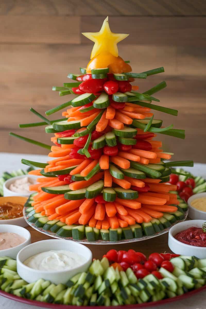 A festive vegetable platter shaped like a Christmas tree, decorated with carrots, bell peppers, and served with dips.