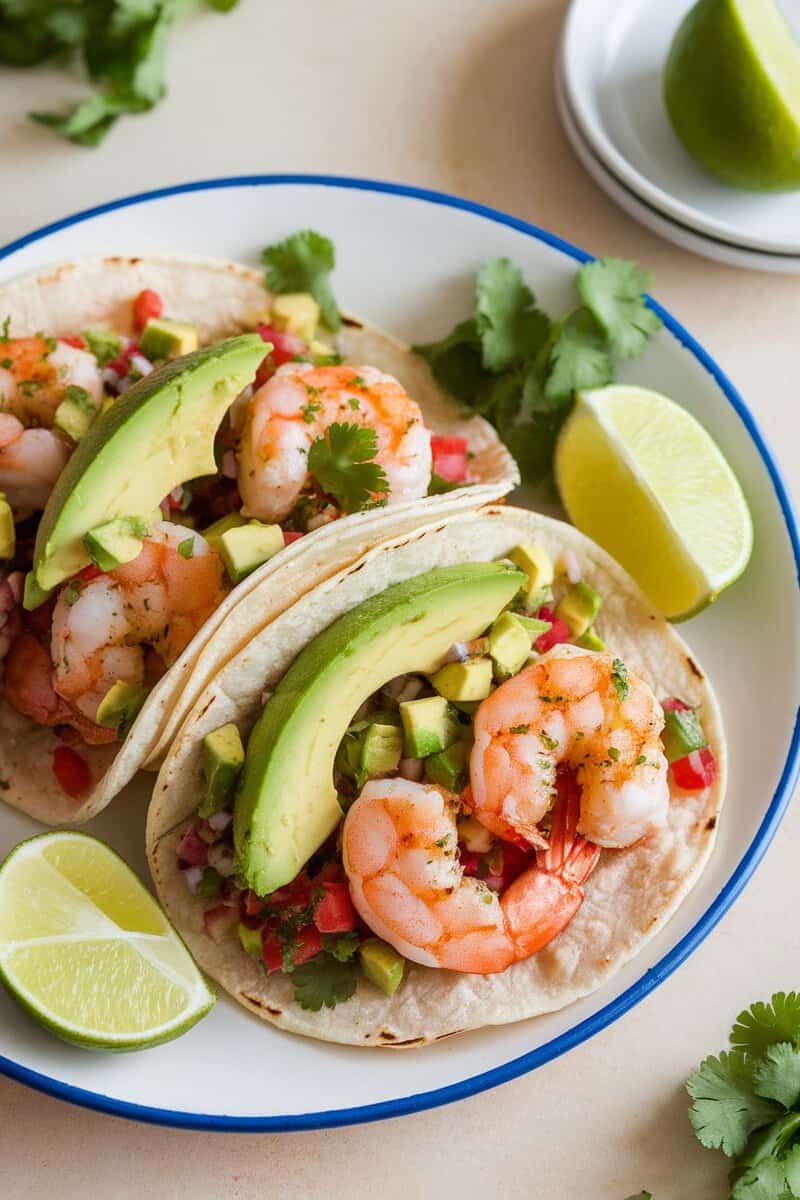 Cilantro-lime shrimp tacos with avocado and lime slices