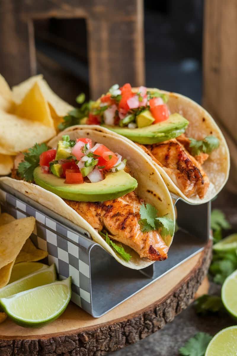 Cilantro lime grilled chicken tacos served with avocado, pico de gallo, and lime on the side.