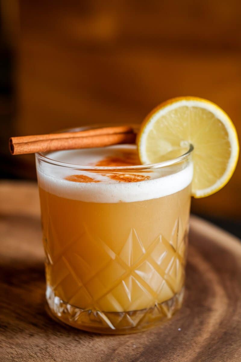 A glass of Cinnamon Maple Whiskey Sour garnished with a cinnamon stick and lemon slice.