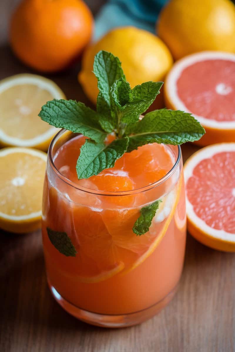 A refreshing glass of citrus juice with mint leaves on top, surrounded by fresh citrus fruits.