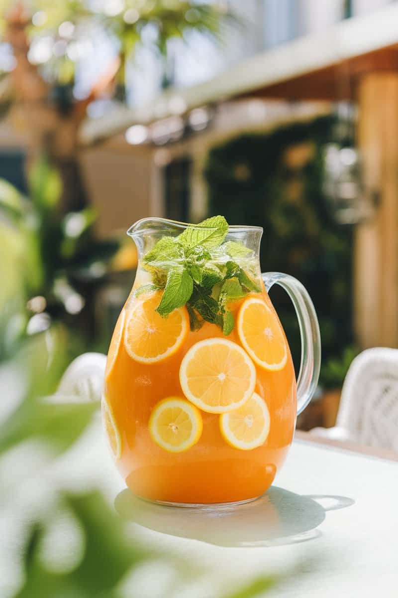 A refreshing pitcher of Citrus Sunshine Punch with slices of orange and mint leaves.