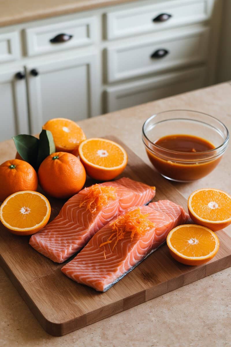 Citrus teriyaki marinade ingredients including salmon and oranges