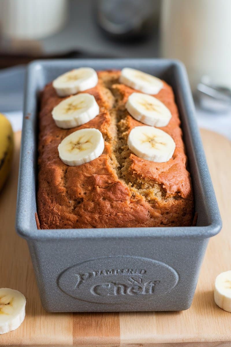 Classic banana bread baked in a stone loaf pan