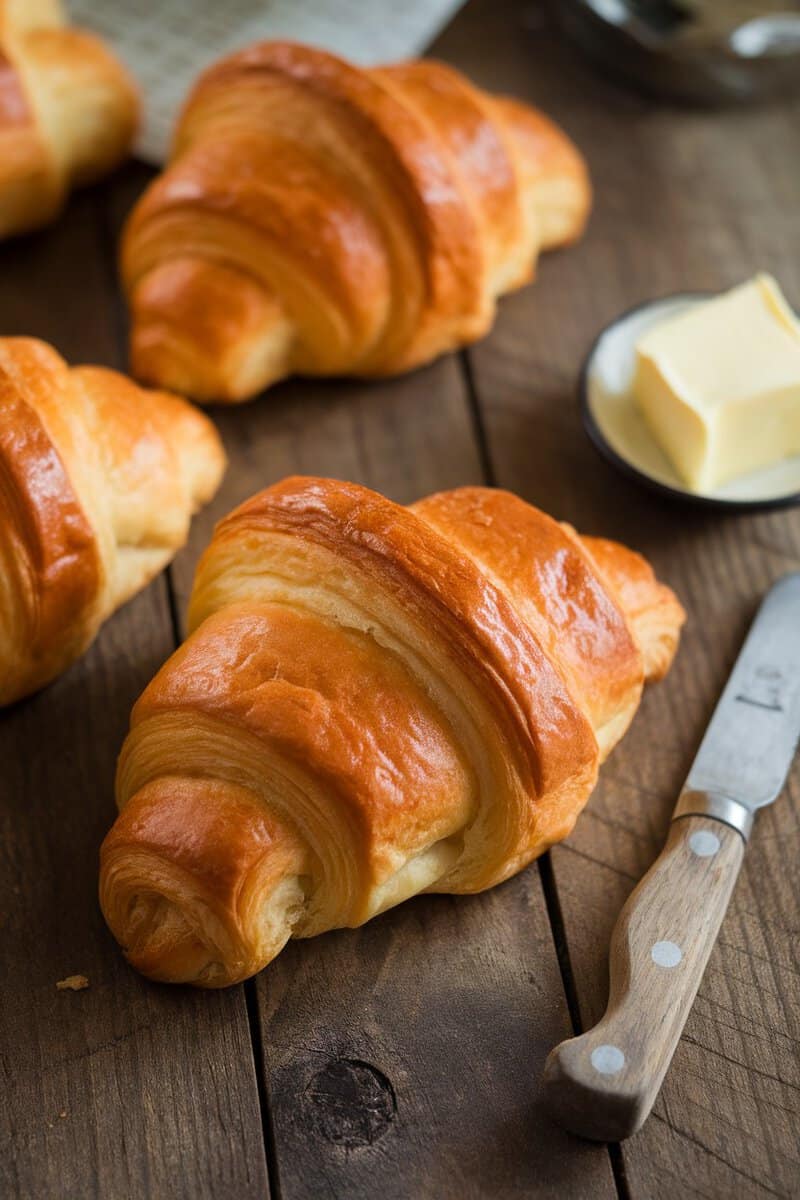 Freshly baked classic butter croissants on a wooden table