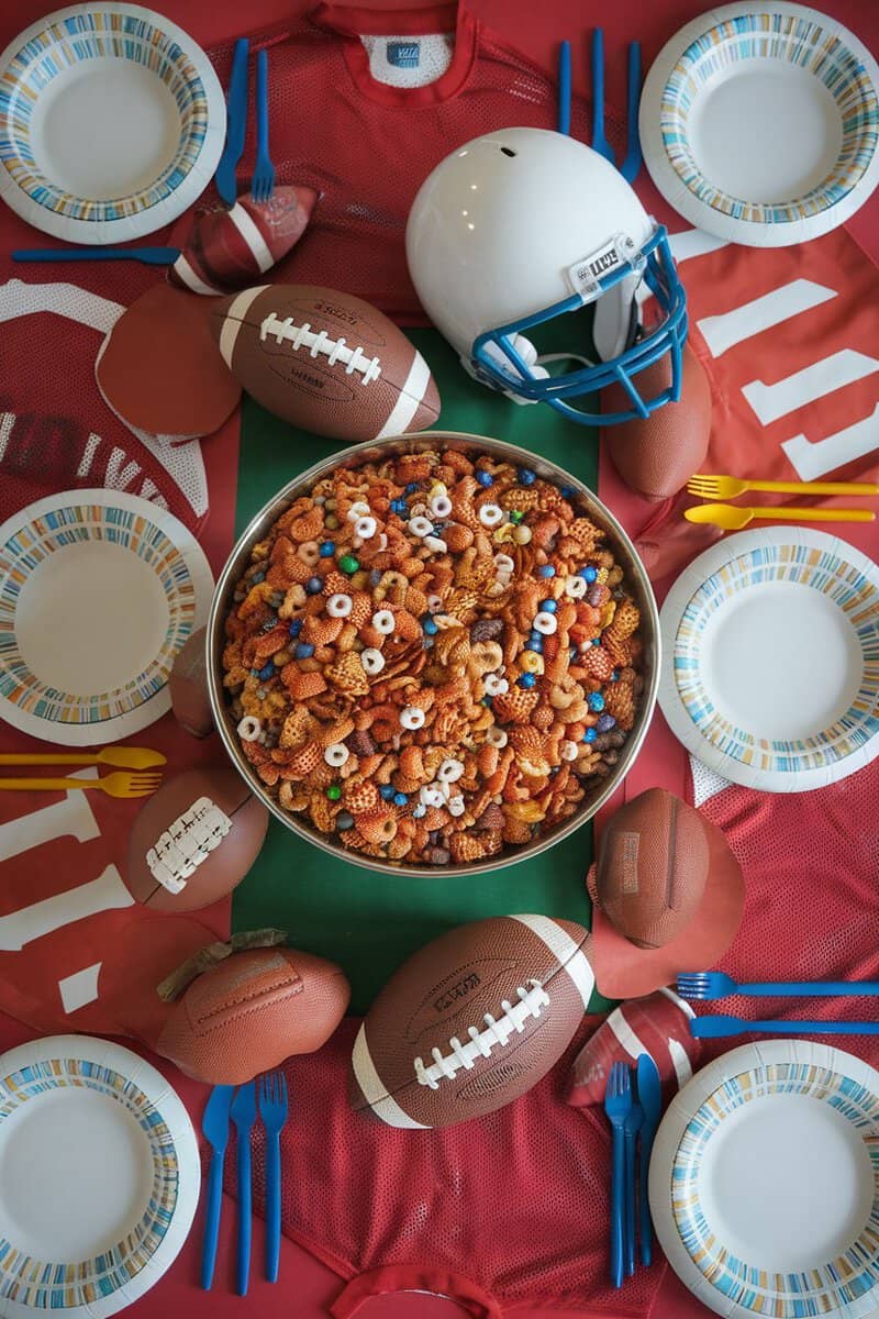 A bowl of Classic Chex Party Mix surrounded by football decorations.