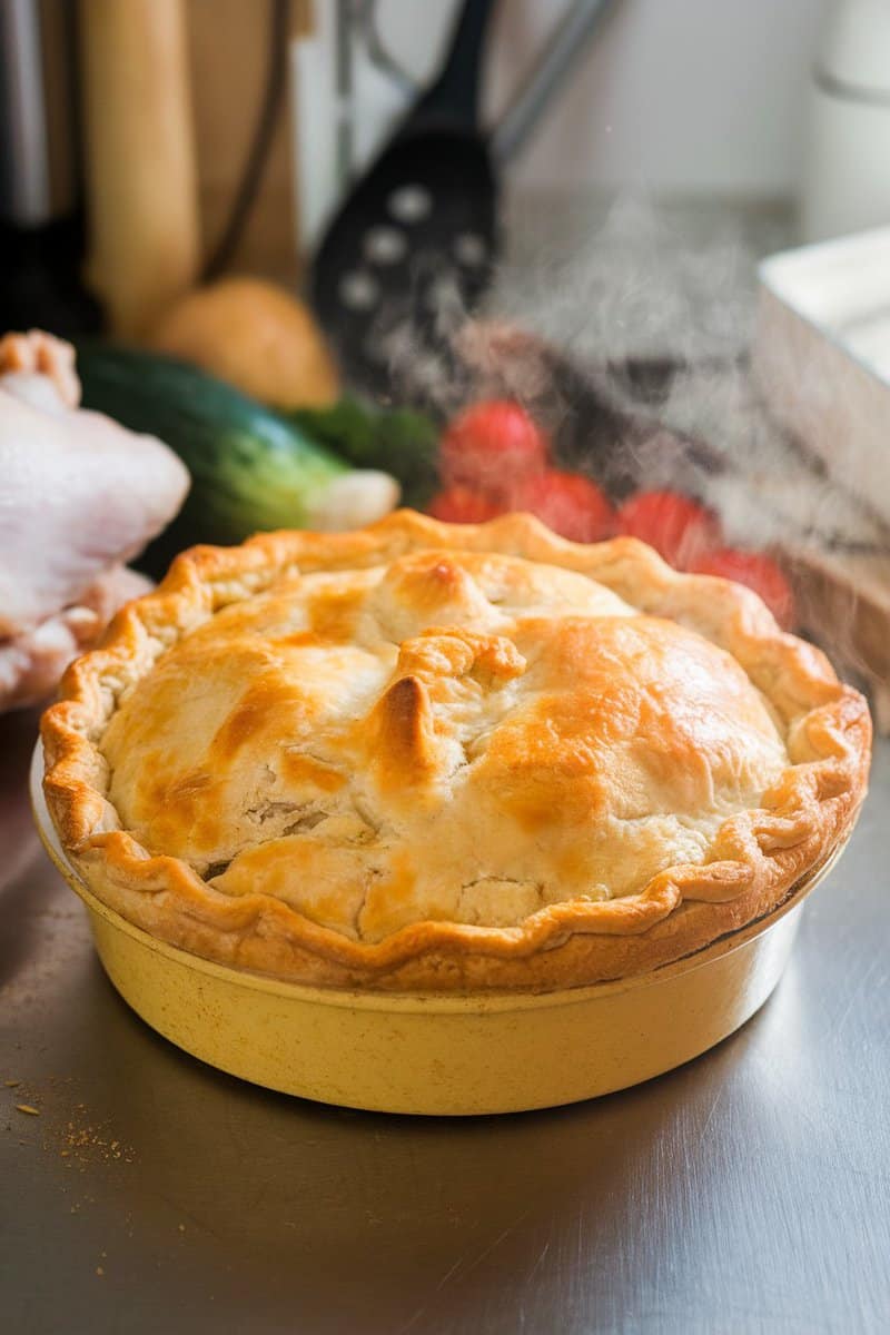 A freshly baked chicken pot pie with golden crust and steam rising