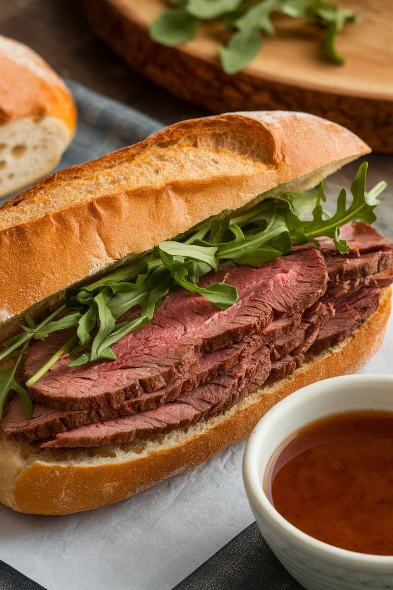 Classic French Dip Sandwich with slices of roast beef and arugula, served with au jus