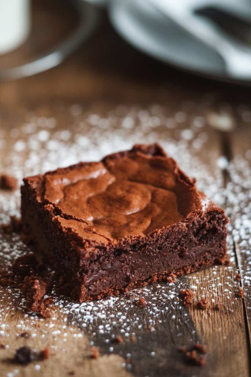 A fudgy brownie square dusted with powdered sugar on a wooden surface