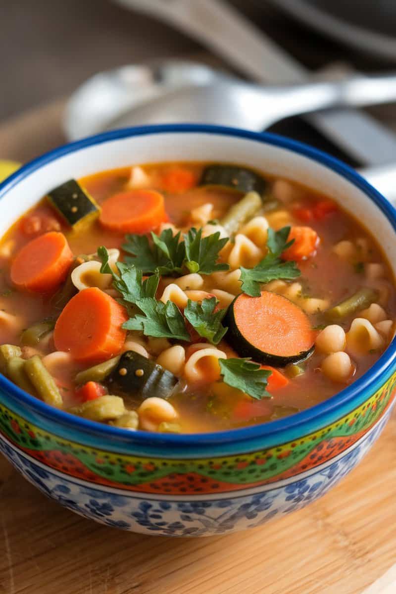 A bowl of classic minestrone soup filled with colorful vegetables and pasta.