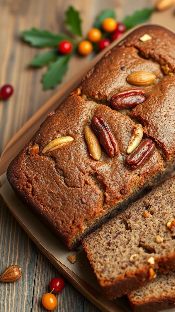 A beautifully baked fruitcake topped with nuts, sliced, and ready to serve.