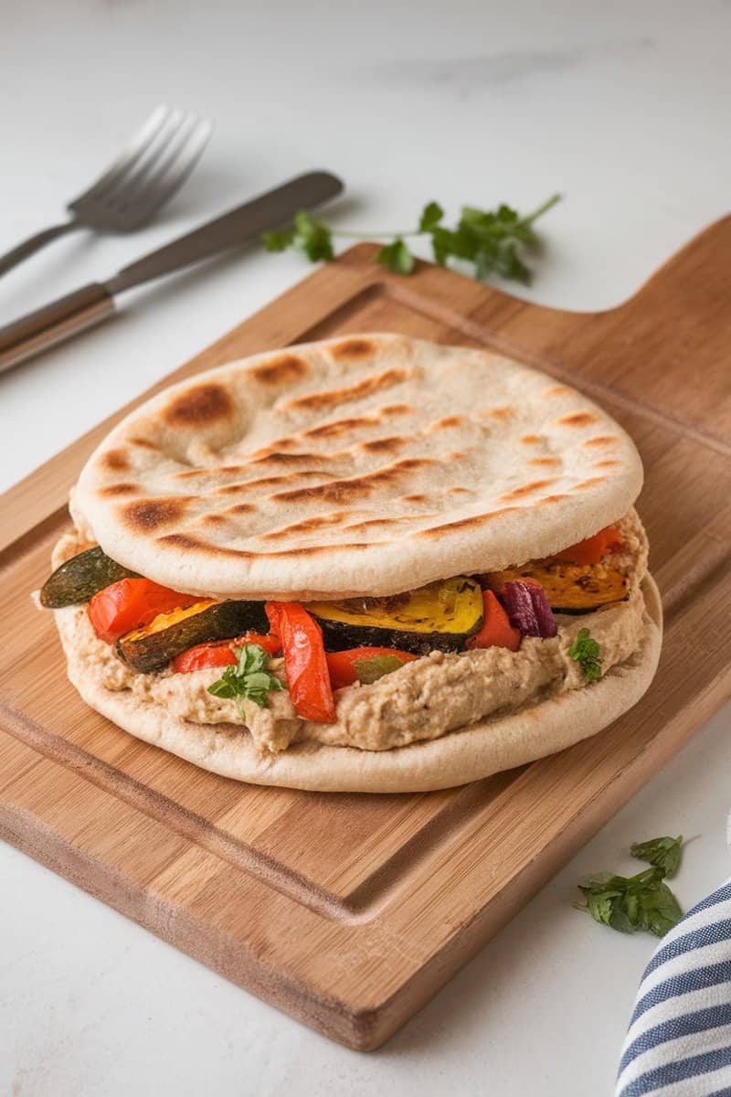 Deliciously stuffed pita bread with grilled vegetables and hummus