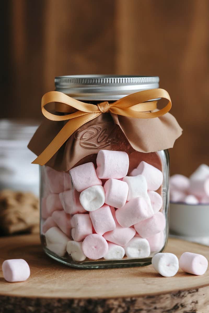 A jar filled with Classic Rich Chocolate Mix, layered with cocoa powder, chocolate chips, and marshmallows.