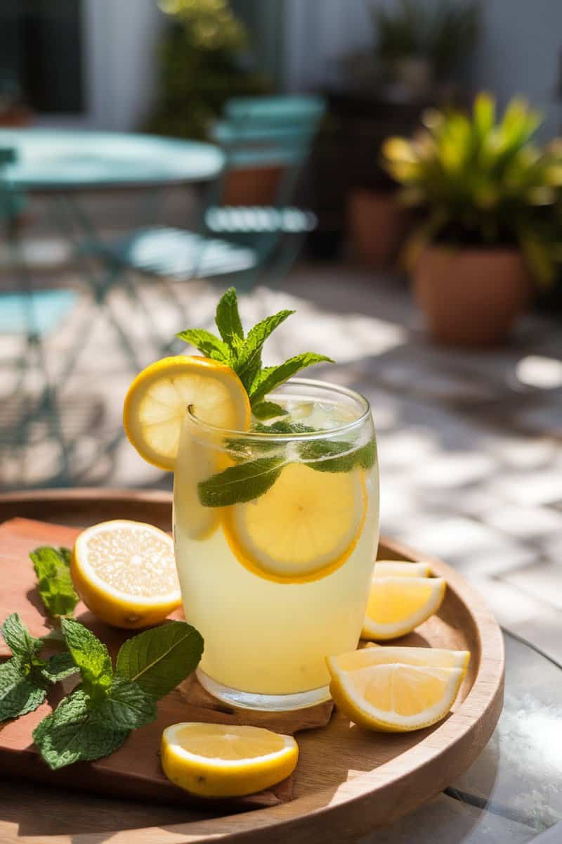 A glass of Classic Sota Lemonade garnished with lemon slices and mint leaves