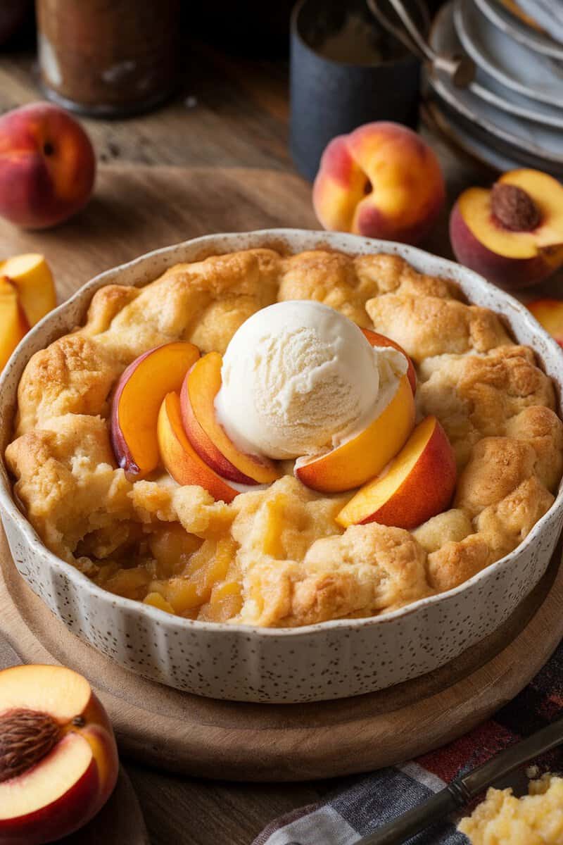 A delicious Southern Peach Cobbler with ice cream on top, surrounded by fresh peaches.