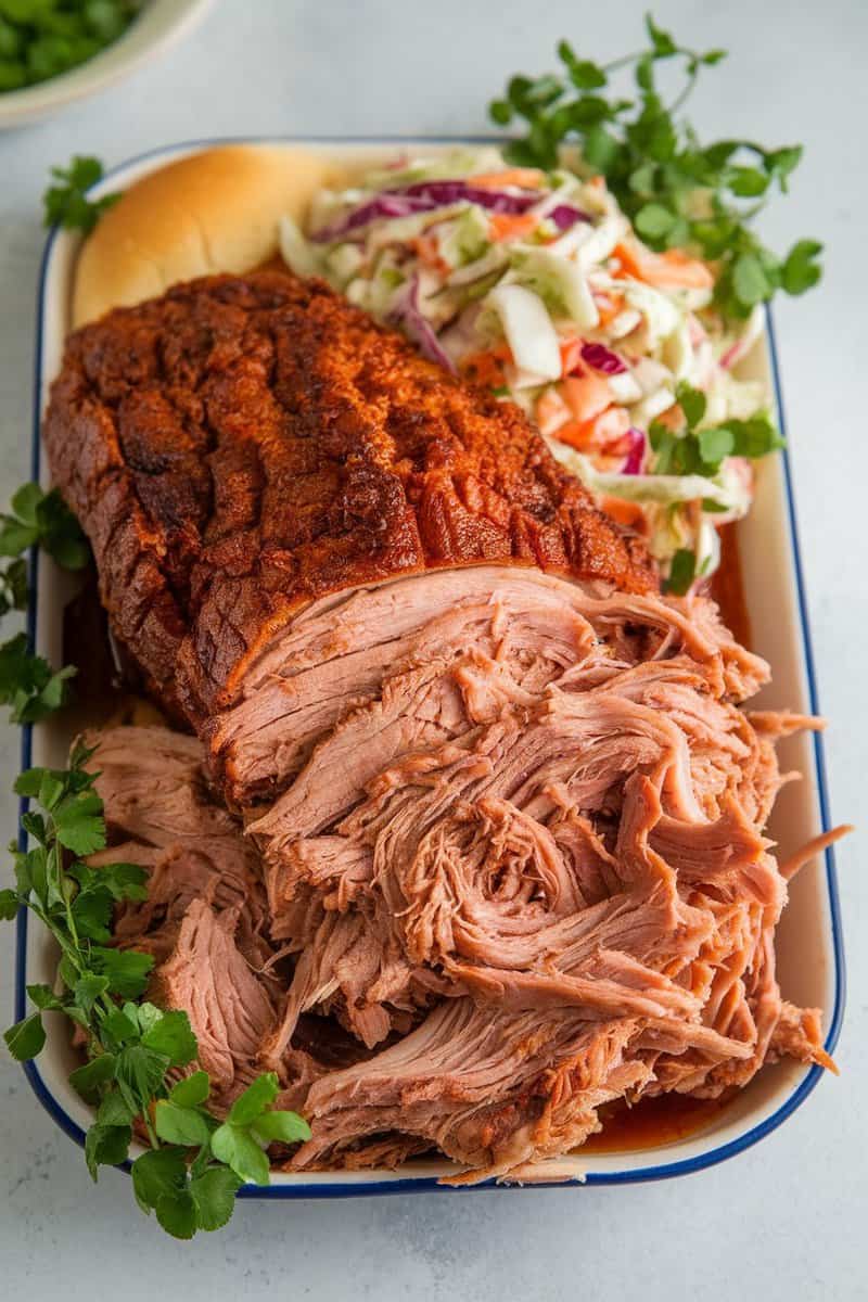 A plate of pulled pork with coleslaw and fresh herbs.