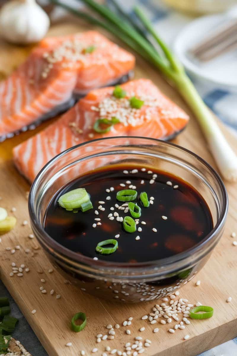 A bowl of teriyaki marinade with salmon fillets and green onions in the background.