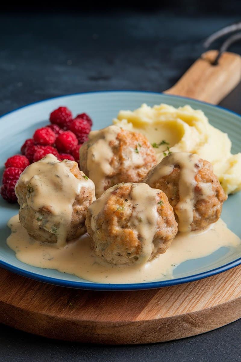 Plate of Swedish meatballs with creamy sauce, mashed potatoes, and lingonberry sauce