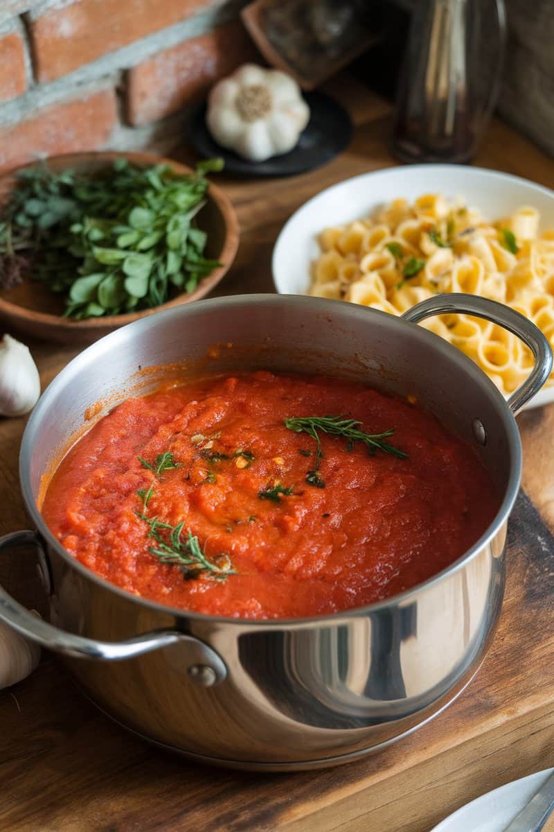 Classic tomato sauce simmering in a pot with herbs and garlic on the side.