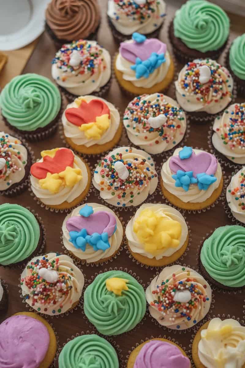 An assortment of colorful cupcakes with different frosting and decorations.