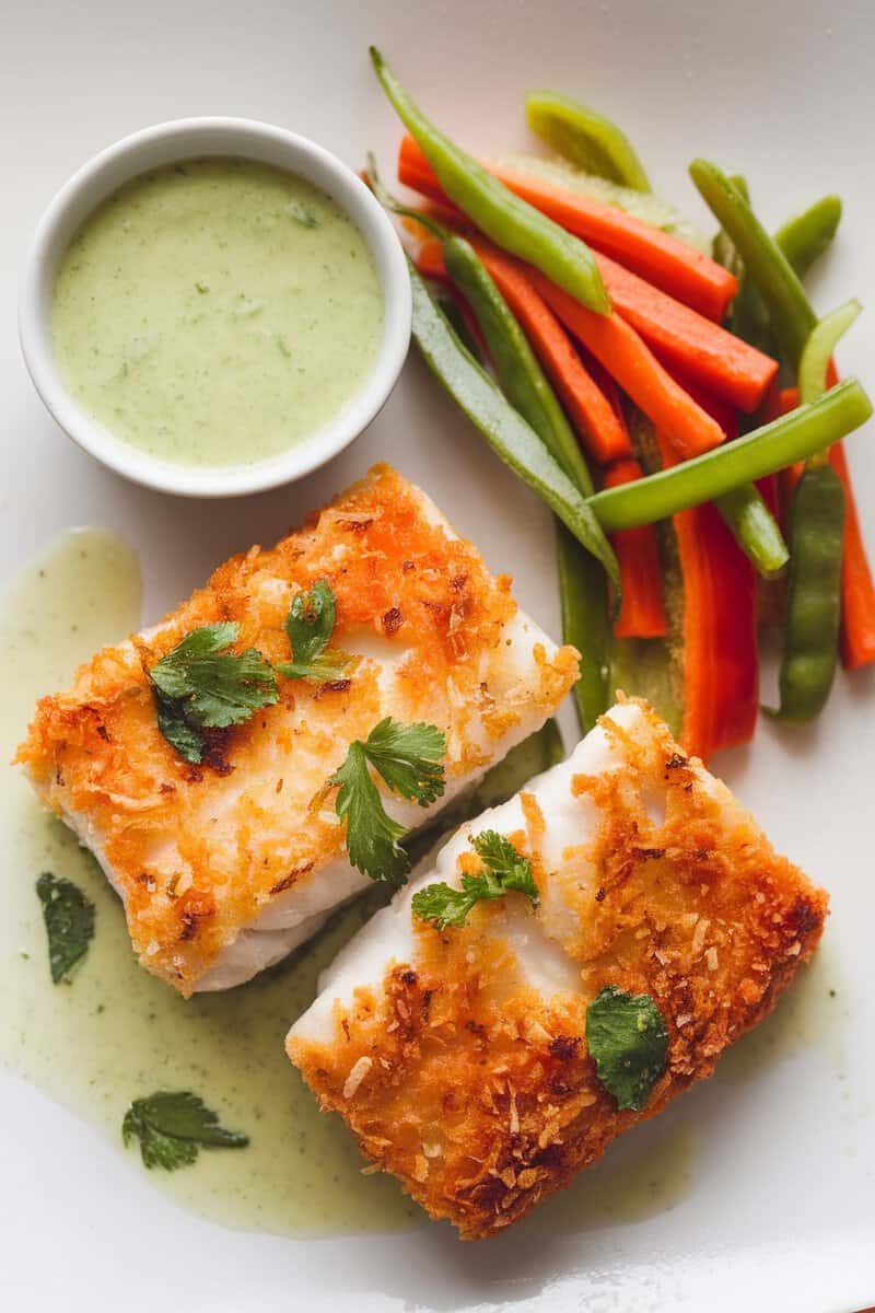 Coconut-Crusted Cod with vegetables and sauce