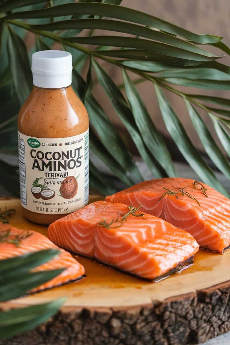 Delicious teriyaki salmon fillets with a bottle of Coconut Aminos teriyaki sauce.