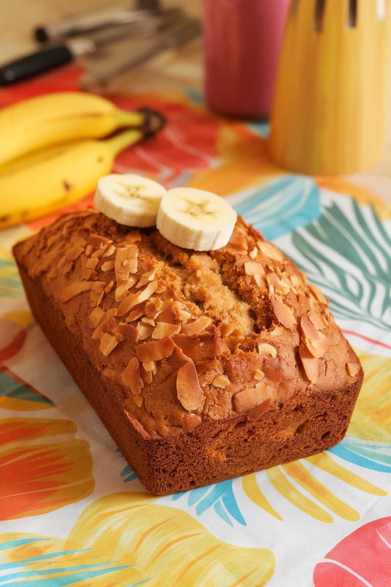 A loaf of Coconut Banana Bread topped with banana slices and coconut flakes, placed on a colorful tablecloth with bananas in the background.