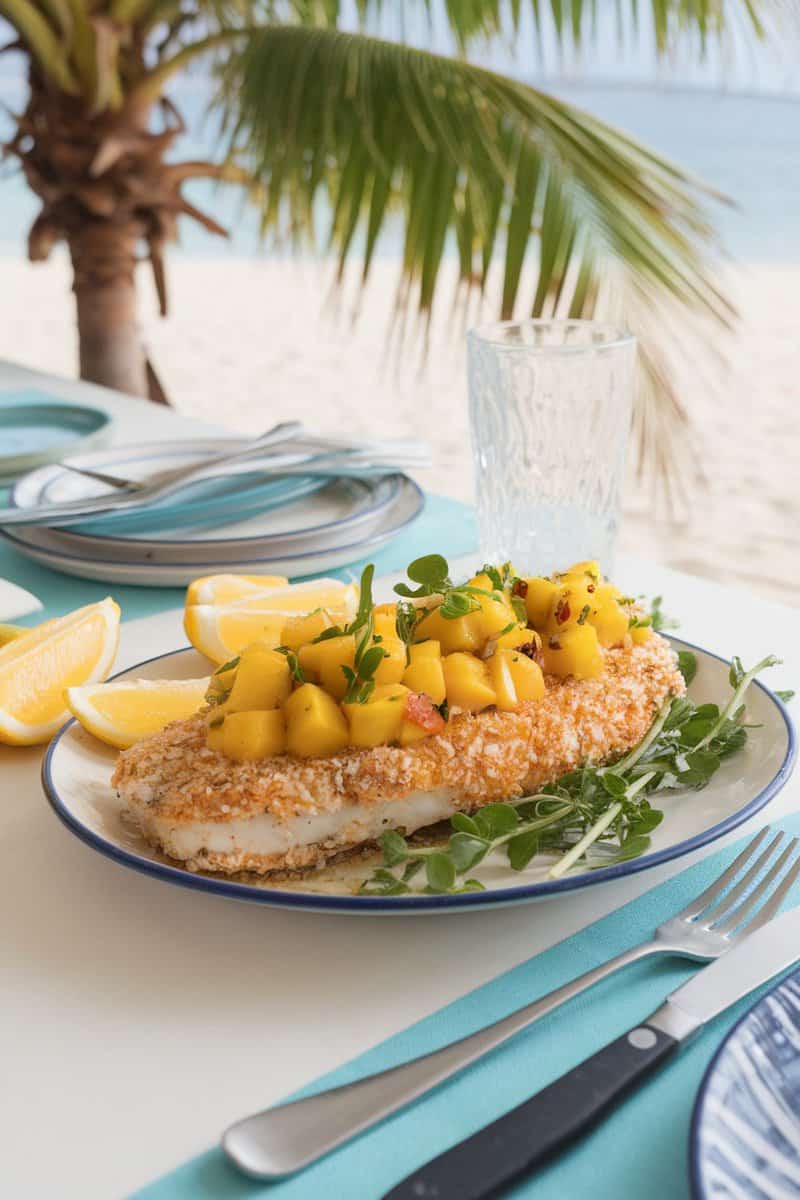 A dish of coconut crusted sole fish topped with mango salsa on a plate, surrounded by tropical fruits.