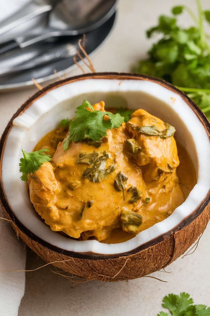 A bowl of coconut curry chicken garnished with cilantro