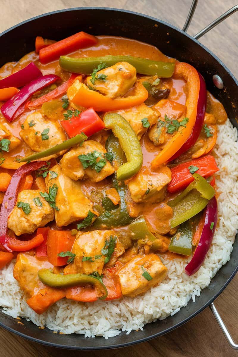 Coconut Curry Chicken Stir-Fry with colorful bell peppers over rice