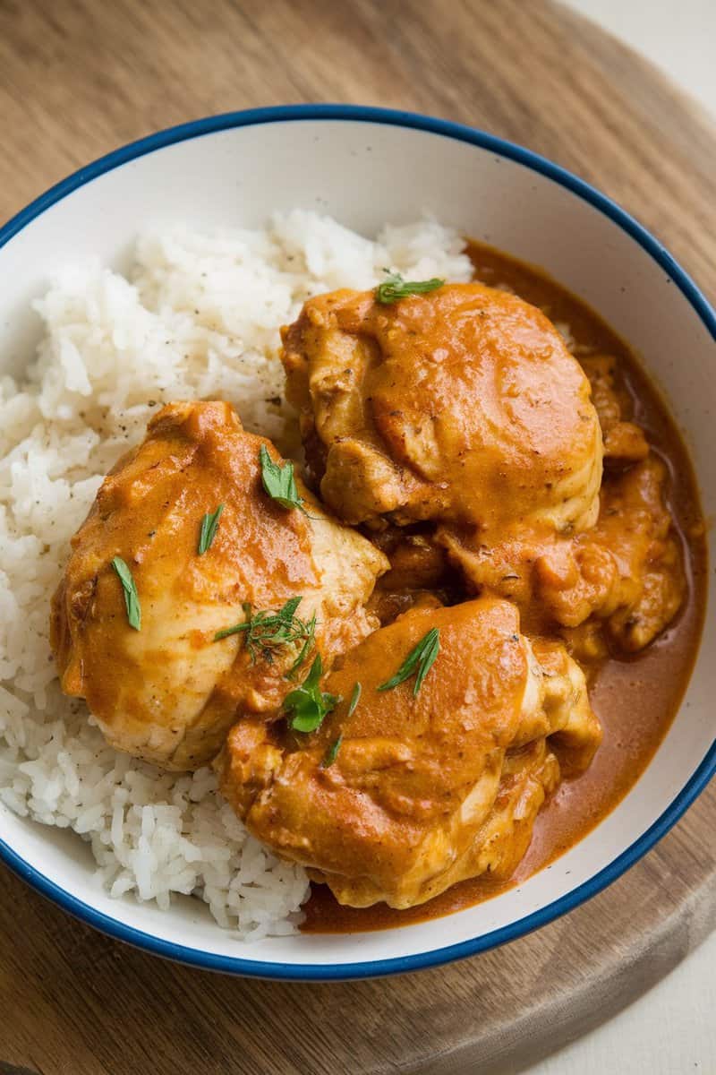 A bowl of coconut curry chicken thighs served over white rice