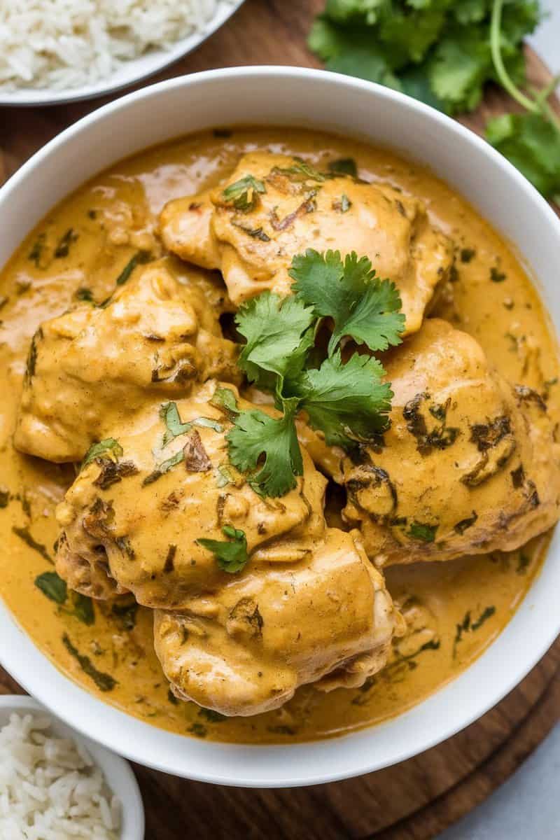 Coconut curry chicken thighs garnished with cilantro.