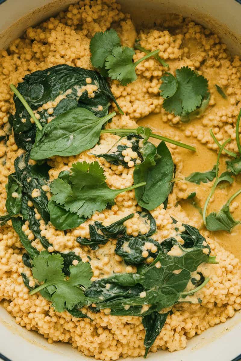 A bowl of coconut curry couscous with spinach and fresh herbs