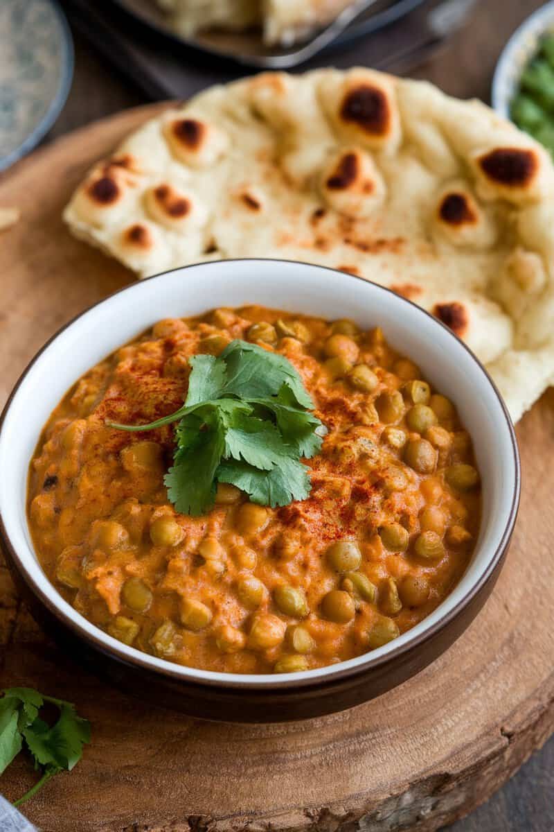 A bowl of coconut curry lentils garnished with cilantro, served with naan bread on a wooden plate.